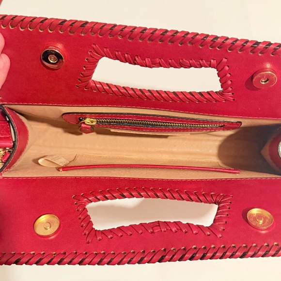 RARE Shazel Red Hand-Tooled Leather Cutout Handel Handbag Crossbody Clutch Bag - Picture 7 of 12